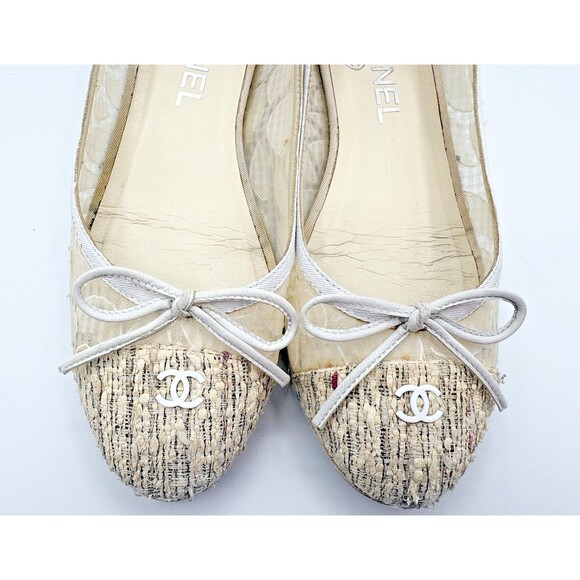 Chanel Ballet Flats White & Cream Tweed & Lace CC Logo Sz EU 35.5 5.5 - Picture 6 of 13